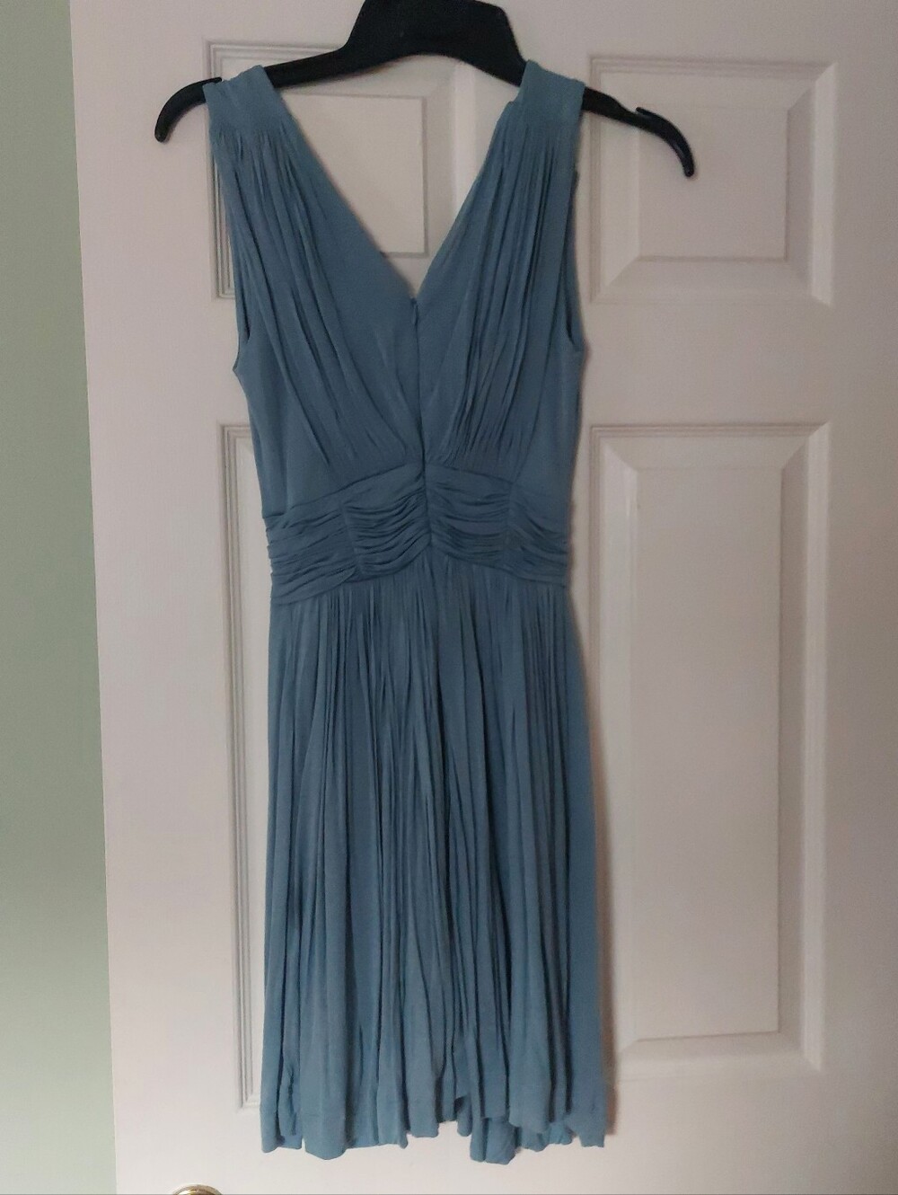 French Connection Pleated V-Neck Sleeveless Dress in Dusty Blue
